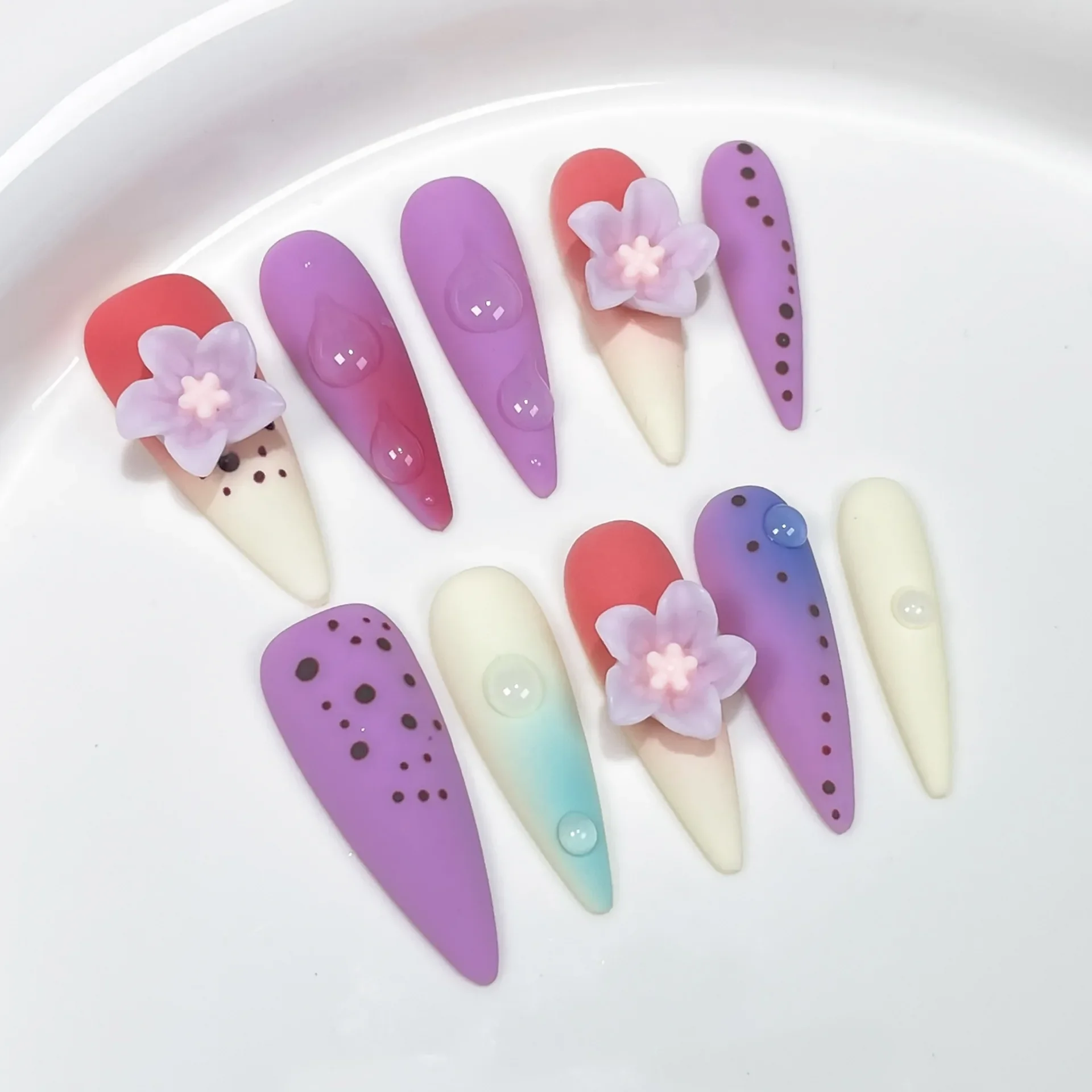 10Pcs Handmade Press on Nails Full Cover Gradual Change Cartoon Flower Color Clash Long French Almond False Nails Nail Tips Art