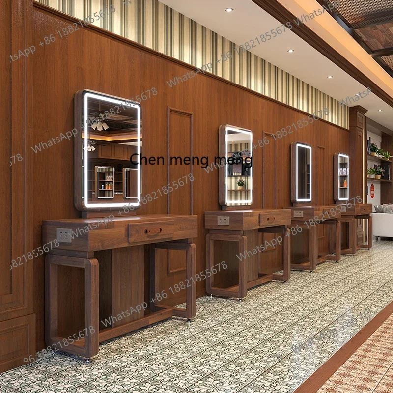 Hot sales High-end retro solid wood hair salon mirror table barber shop haircut perm and dye hair salon single and double mirror