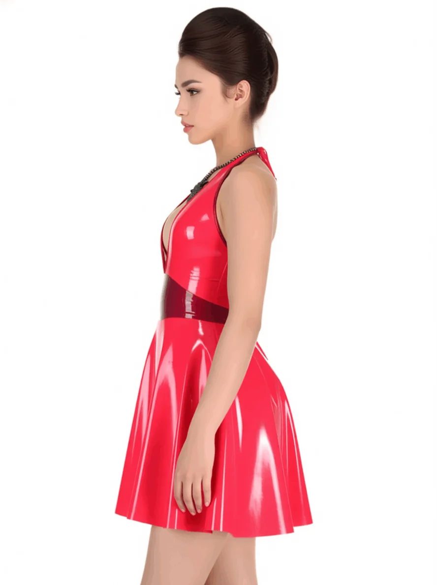 

Red Latex Dress Rubber Skater Dress – Halter V-Neck Flared Mini Handmade Club wear Customized