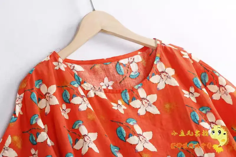 Printed Cotton Linen irt Thin Summer Versatile Comfortable Breathable ort Sve Loose Fit round Ne Casual Women's irt