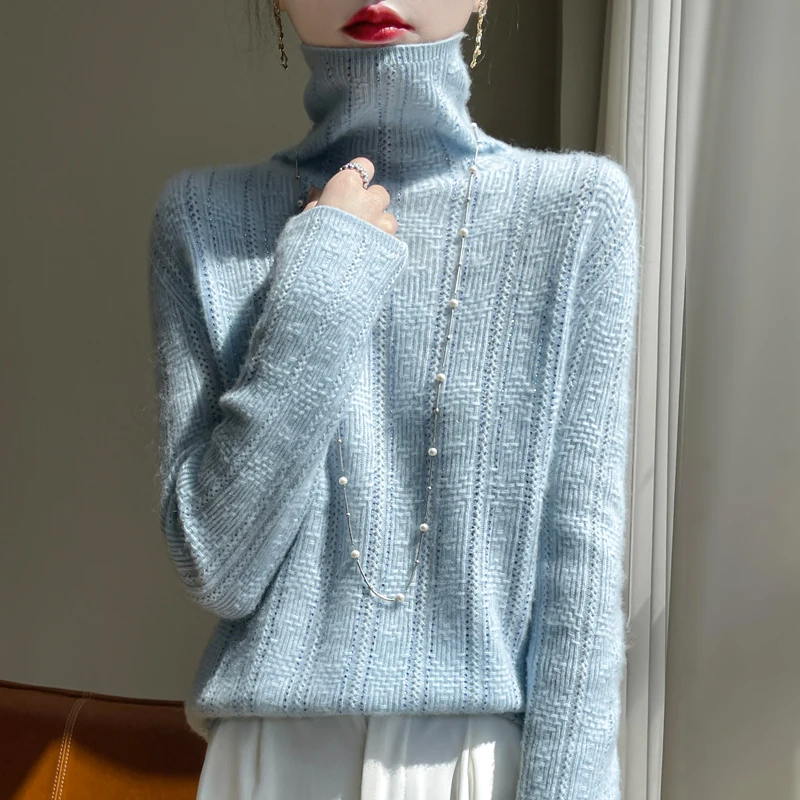 New sweaters in autumn and winter 100% pure wool women\'s high neck solid color jacquard fashion loose knit cashmere sweater