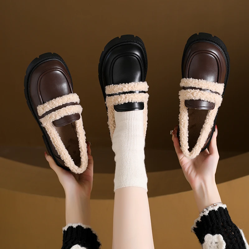 الخريف الشتاء المرأة أفخم المتسكعون منصة حذاء بكعب سميك أحذية من الجلد الفانيلا سميكة الأحذية الدافئة الصوف الحرارية عالية الكعب #6