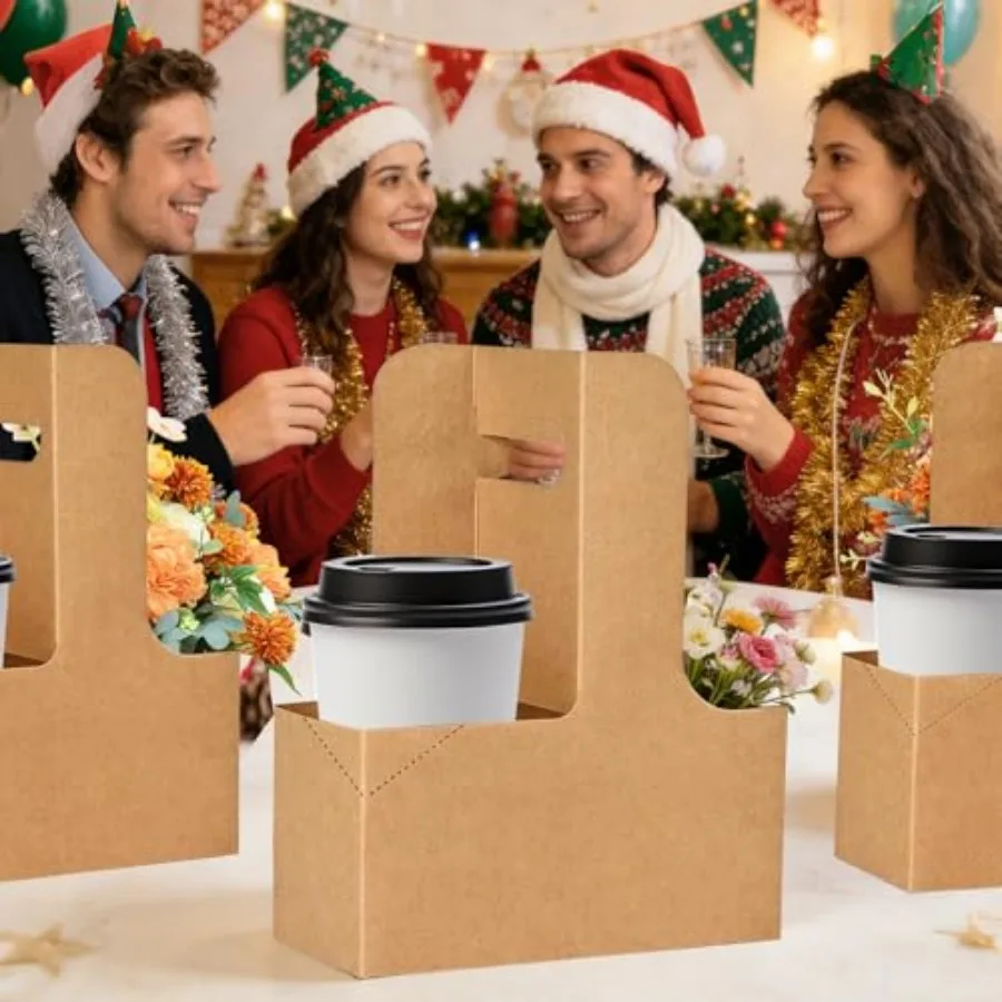2 Cup Drink Carrier with Handle, 12 Pack Disposable Coffee Cup Carrier, Cardboard Drink Holder for Hot or Cold Drinks, with 24