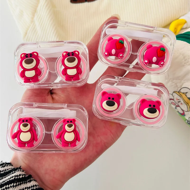 New Kawaii Disney Contact Lens Case Pink Cartoon Cute Lotso Portable Contact Lens Box with Mirror Girls Travel Gifts