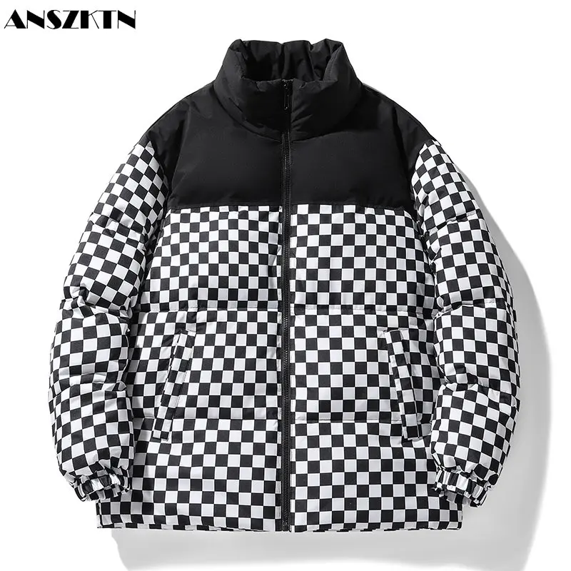 ANSZKTN Winter couple thick trendy brand color-block plaid stand collar jacket men's and women's down jacket two open thermal co