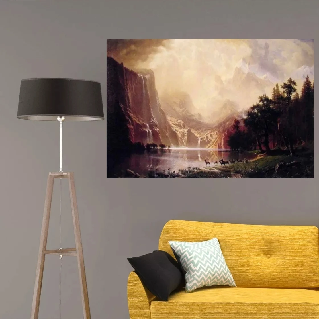 

Large Landscape Oil Painting on Canvas by Albert Bierstadt Among the Sierra Nevada Mountains California Wall Art Handpainted