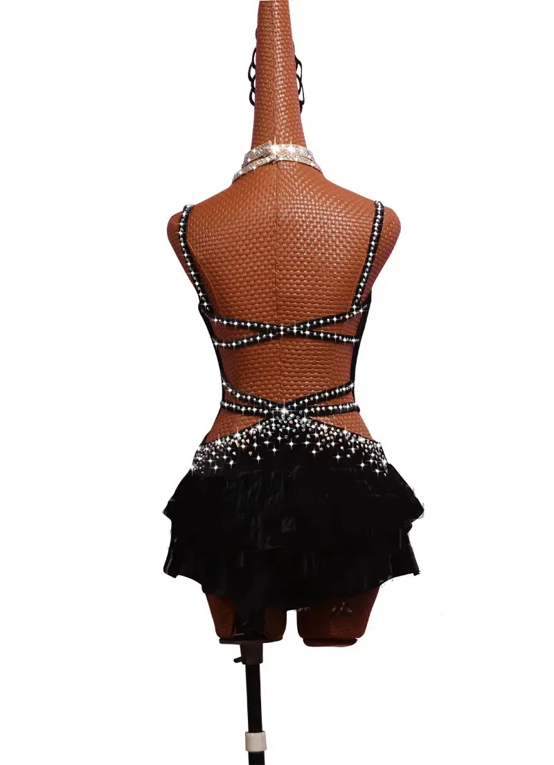 Costume de danse latine, robe de spectacle, combinaison Sasa Dance SALSA, robe de danse noire à cravate Sexy