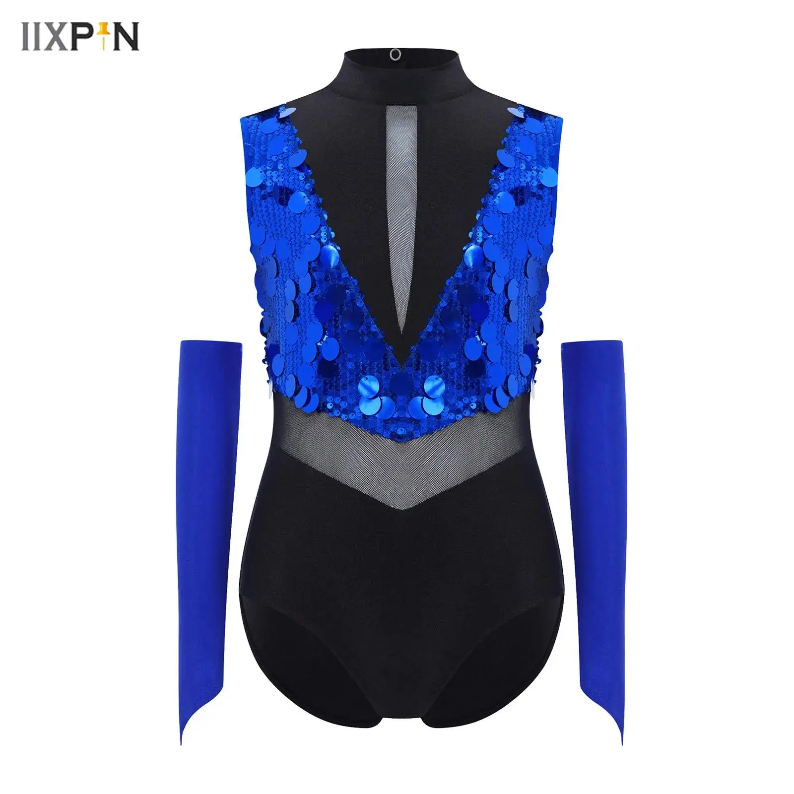 

Kids Girls Shiny Sequins Jazz Latin Dance Leotard Gymnastics Performance Outfit Sleeveless Cutout Color Block Bodysuit+Gloves