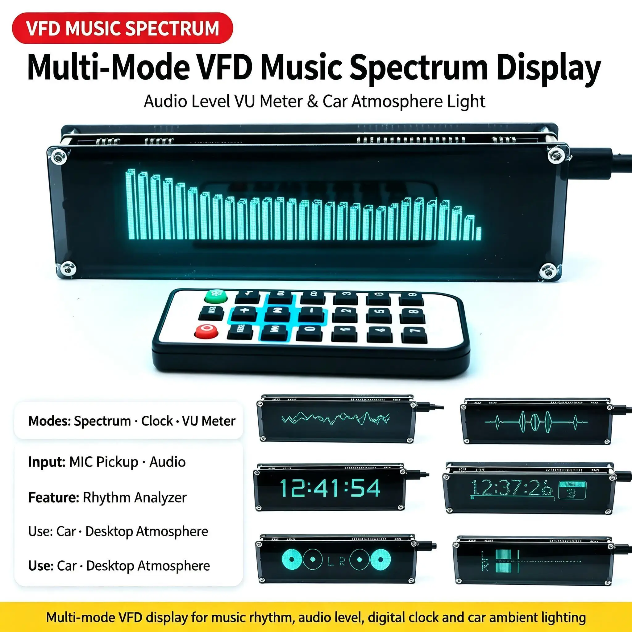 DYKB VFD Music Spectrum Display VU Meter Audio Level Indicator Digital Clock MIC Pickup Rhythm Analyzer Car Atmosphere Lamp