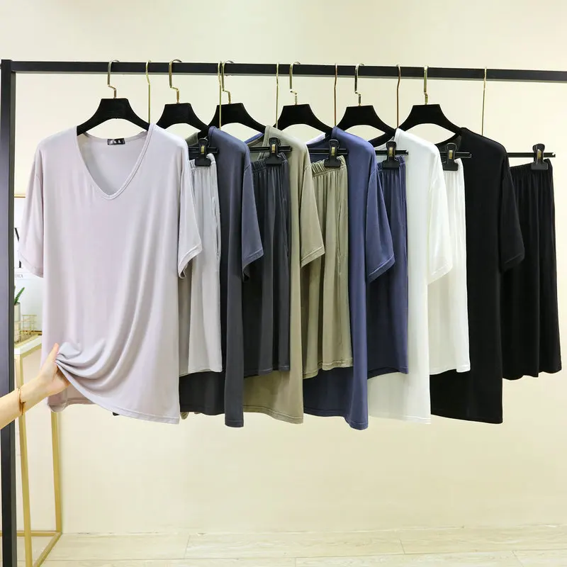 6xl Plus Size Modal Men's V-neck Short Sleeved Shorts 2 Pcs Pajama Set for Spring and Summer Thin T-shirt Cropped Pants