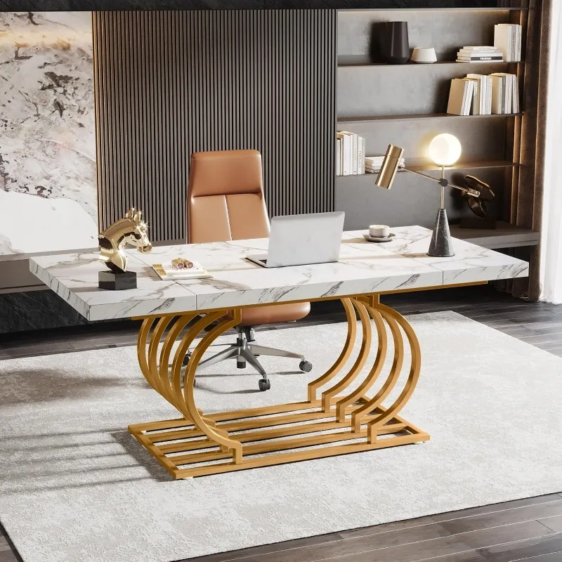 Modern Office Desk,Executive Desk,Large Computer Desk Home Office Desk with Gold Metal Frame,Wood Workstation Study Writing Desk