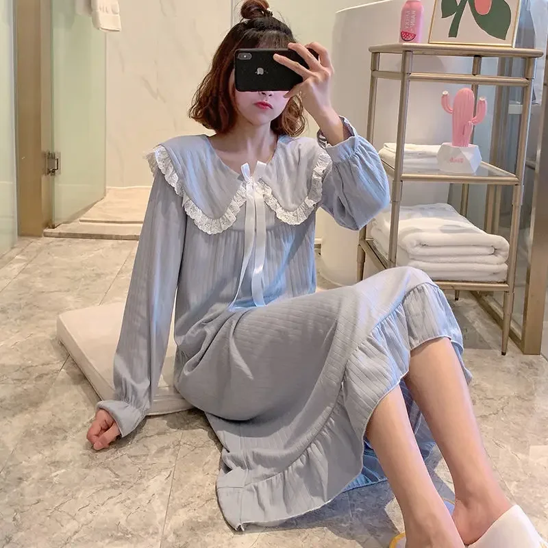 Spring Autumn Women Princess Style Sweet Nightgown Girls Cute Floral Chest Pad Sleepshirts Lady Casual Long Sleeve Dress Pajama