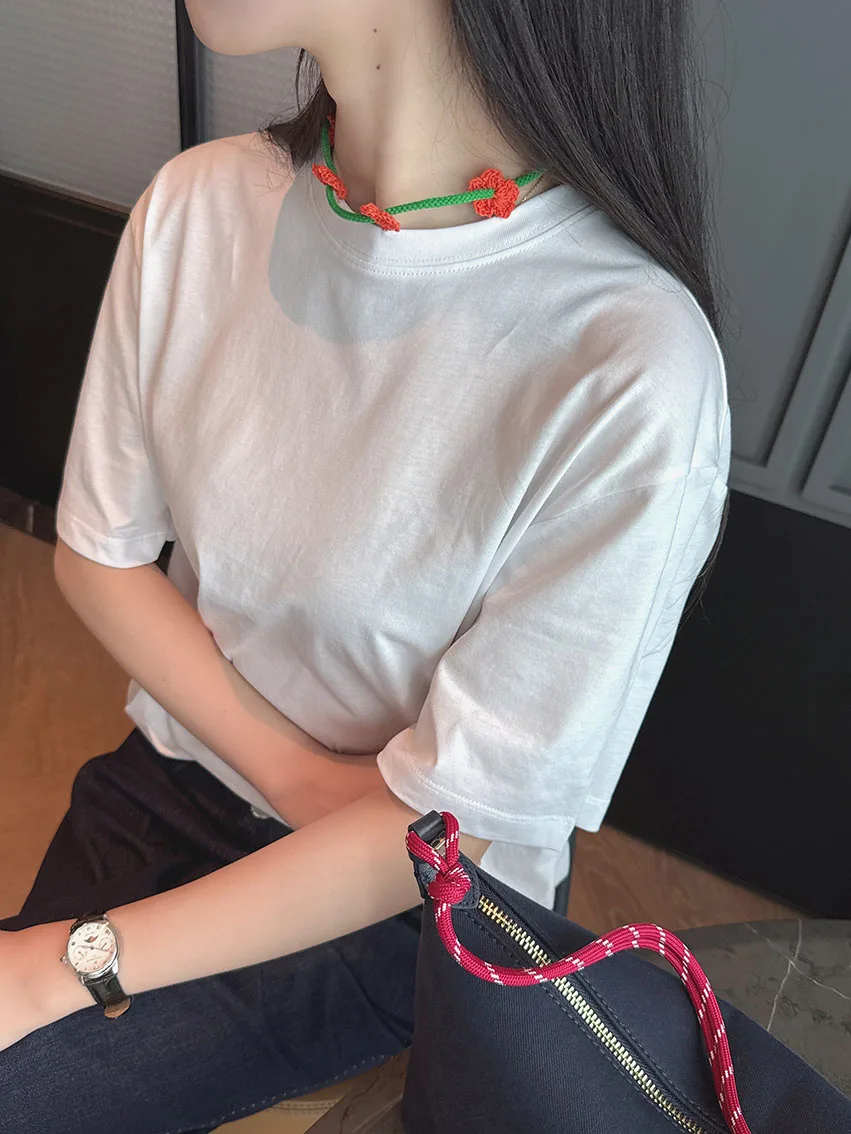 

Футболка свободного кроя с эффектом похудения, с вышивкой в виде цветов, удобная, дышащая, летняя, с коротким рукавом.