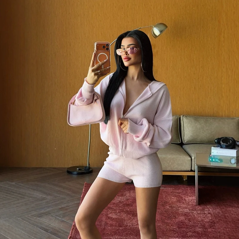 

2026 Autumn New Knitted Solid Color Design Streethead Style Hooded Cardigan and Shorts Two Piece Set for Women