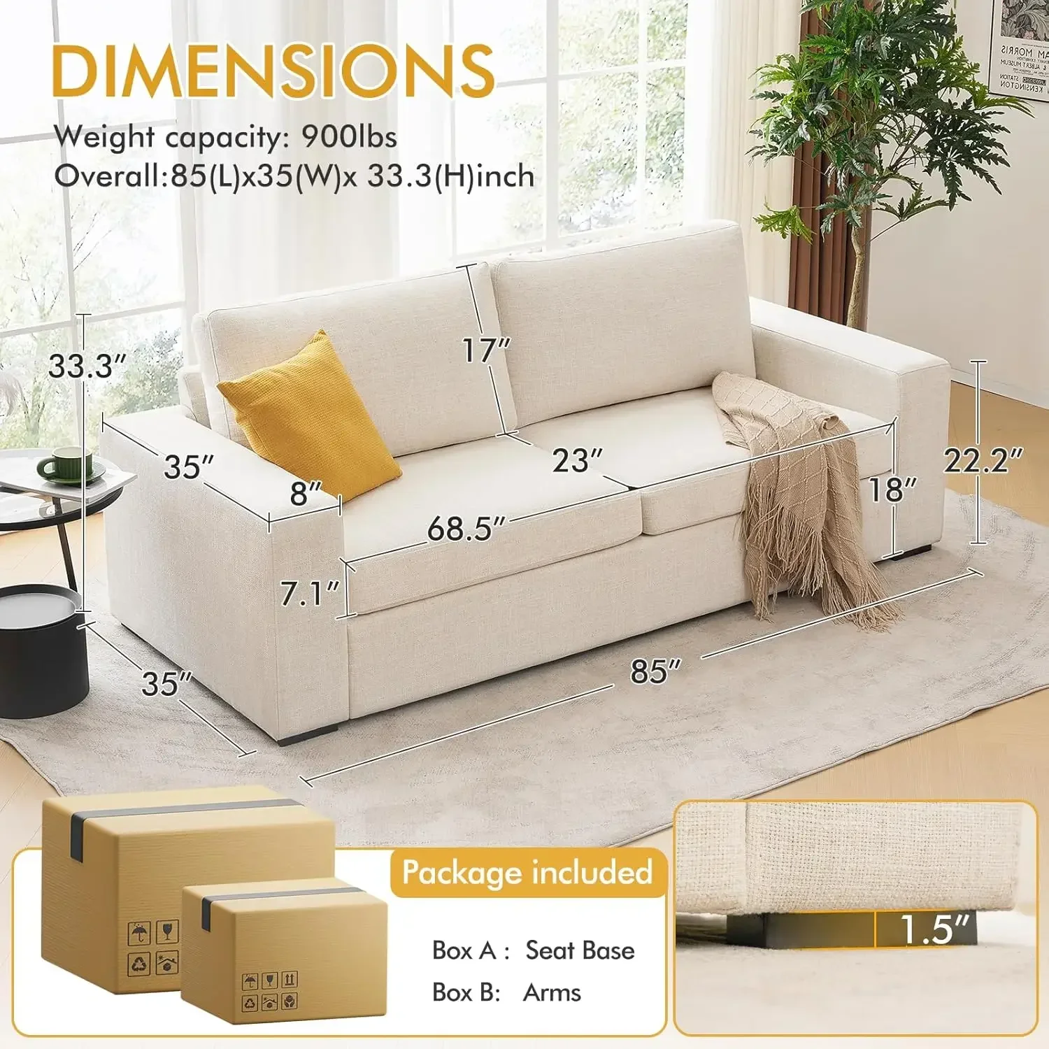85 Inch Modern Sofa Couches Living Room Three Seater Sofa Natural Linen Deep Seat Sofa Upholstered Cushion Detachable Cover Comf