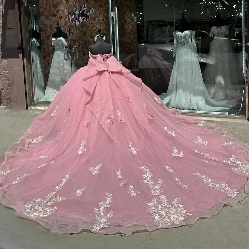 فساتين ANGELSBRIDEP الوردية اللامعة Quinceanera ثلاثية الأبعاد مزينة بالزهور والدانتيل مطرز بالخرز تول المكسيك الحلو 16 فيستدو دي 15 أنوس مخصصة