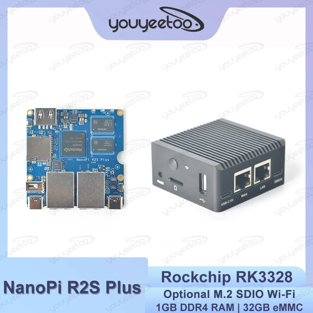 NanoPi R2S plus Макетная плата Rockchip RK3328 Четырехъядерный процессор A53 SoC 1 ГБ ОЗУ 32 ГБ eMMC Совместимость с U-образным ботиком Ubuntu-Core OpenWrt