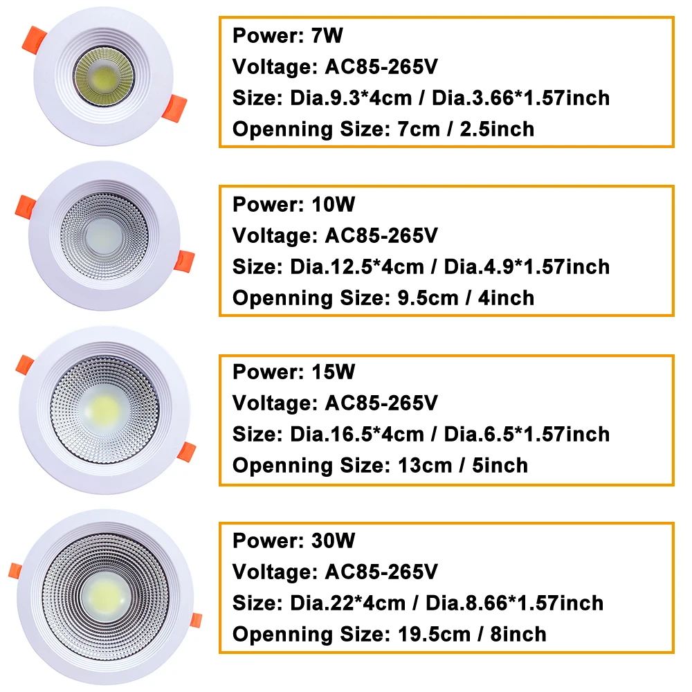 7W 10W 15W 30W COB Downlight do salonu korytarz wbudowana lampa sufitowa AC85-265V oprawa sufitowa LED reflektor LED lampy sufitowe