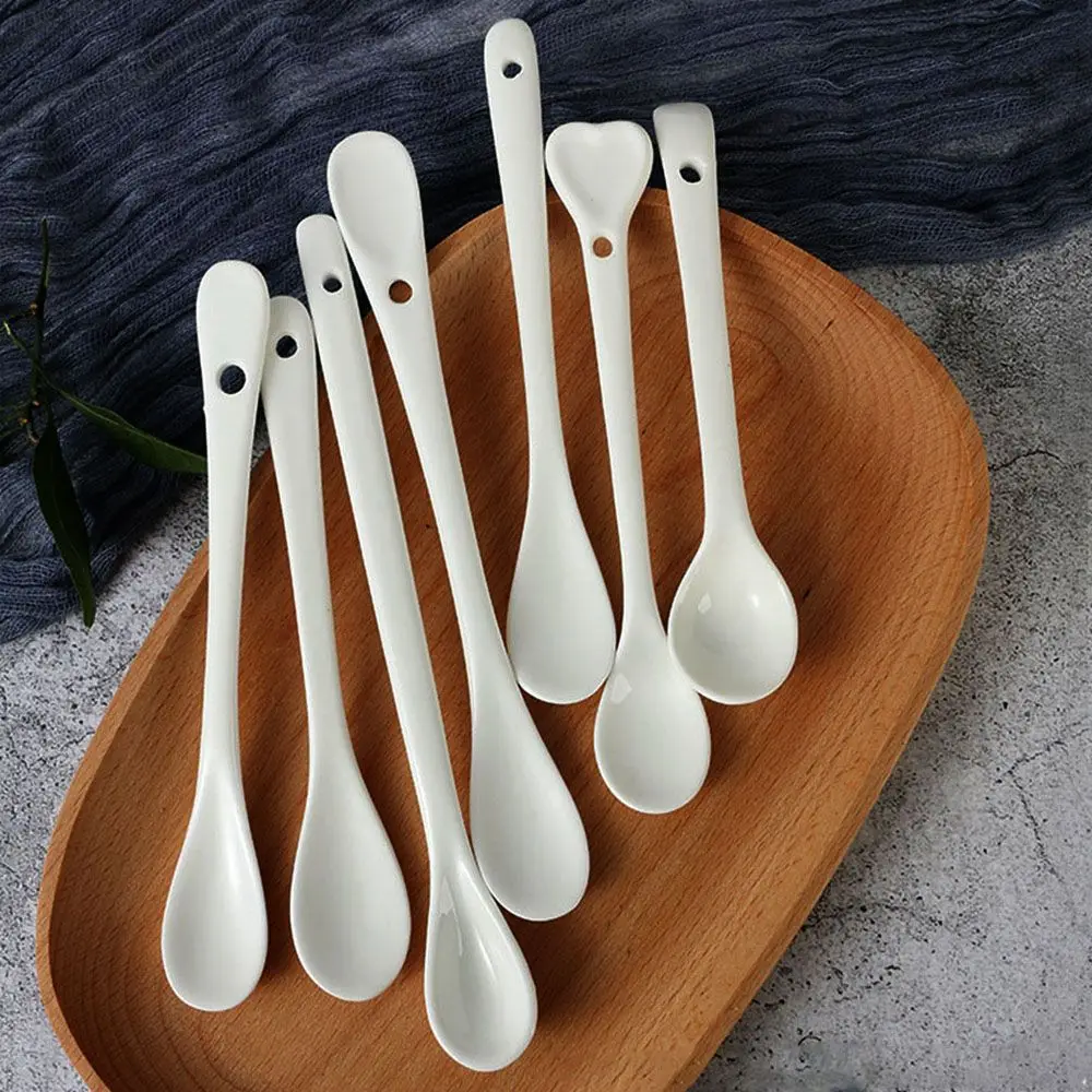 1PC Pure White Porcelain Spoons  Long Handle Spoon Ceramic Tea Coffee Sugar Dessert Spoon Ice Cream Kitchen Ceramic Flatware