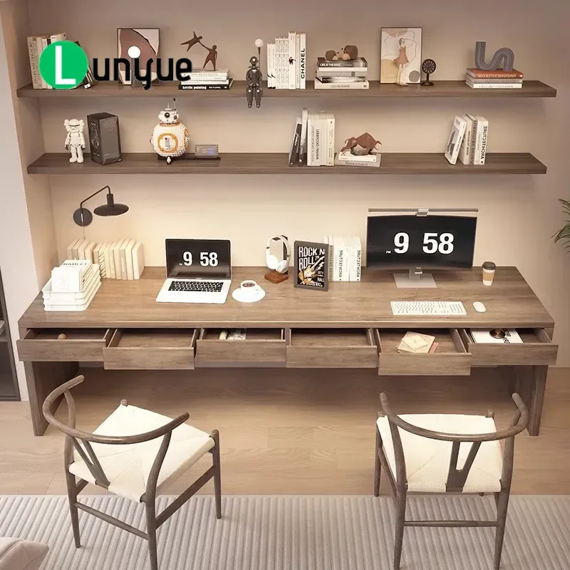 Modern simple all-solid wood desk, student home with drawers, study, double long computer desk, office workbench