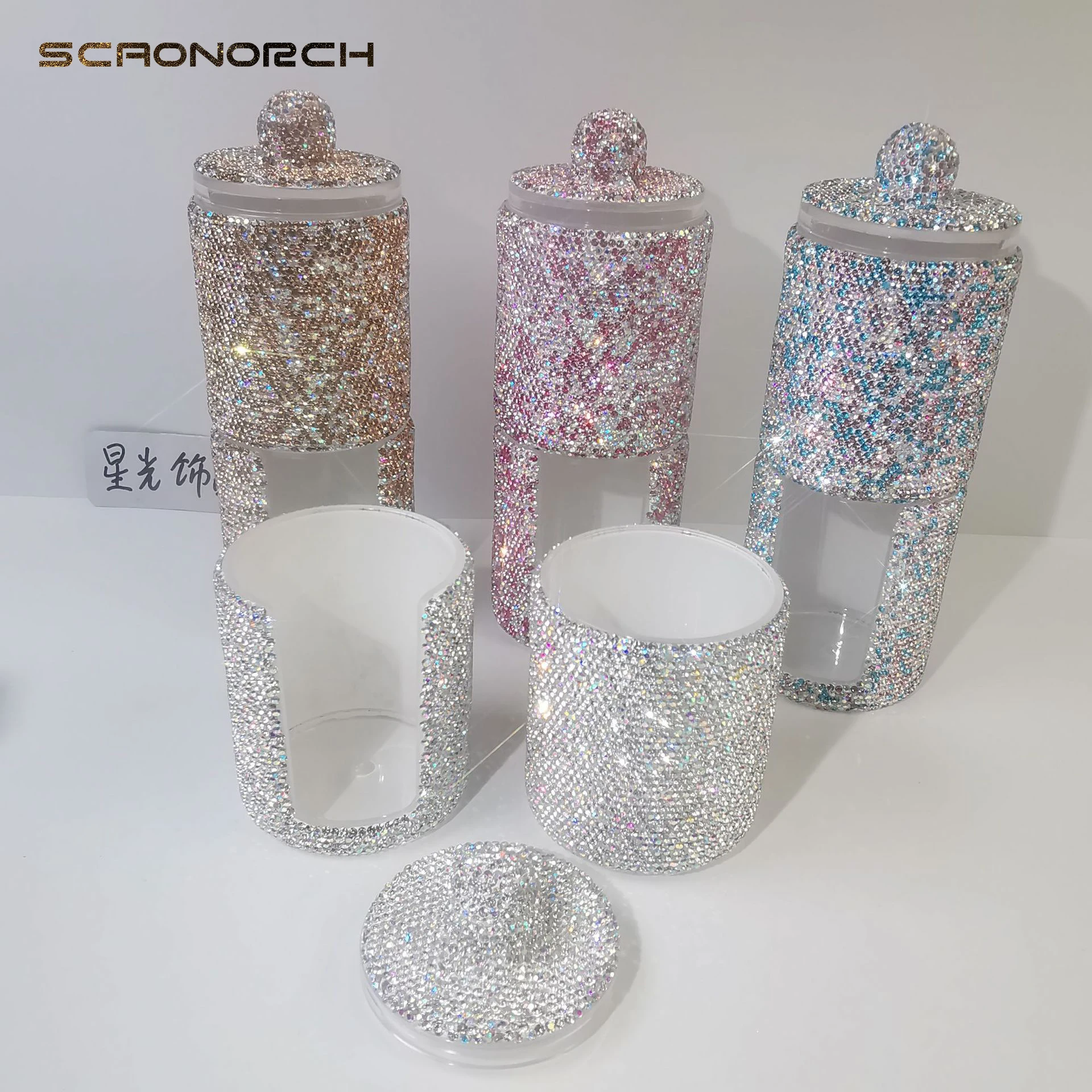 SCAONORCH Acrylic Brush Organizer with Lid Sparkling Rhinestones Cosmetic Makeup Organizer Box Round Storage Container