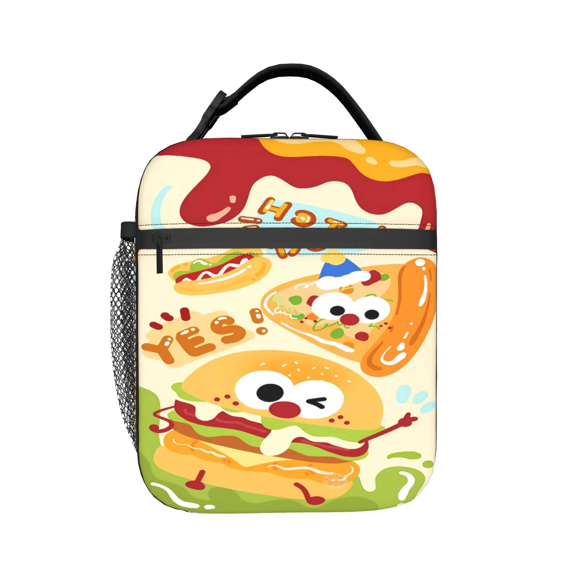 Happy Burger And Hot Dog Cartoon Pattern Lunch Bag School Portable Zipper Lunch Box For Girl Boy  Oxford Designer Cooler Bag