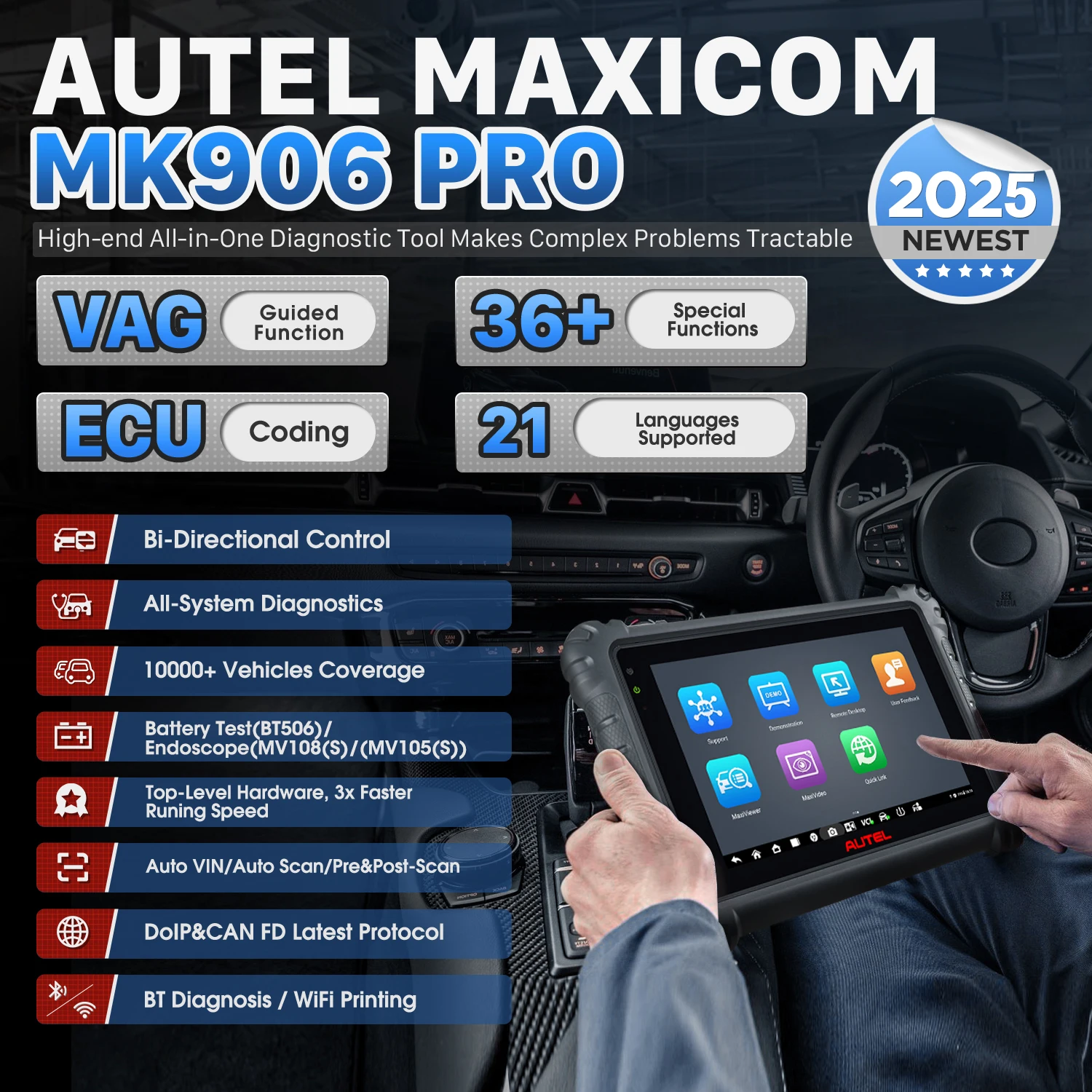 Autel MaxiCOM MK906PRO OBD2 Scanner 36+ Service, ECU Coding, All System Diagnosis, Active Test, FCA Autoauth Updated of MS906PRO