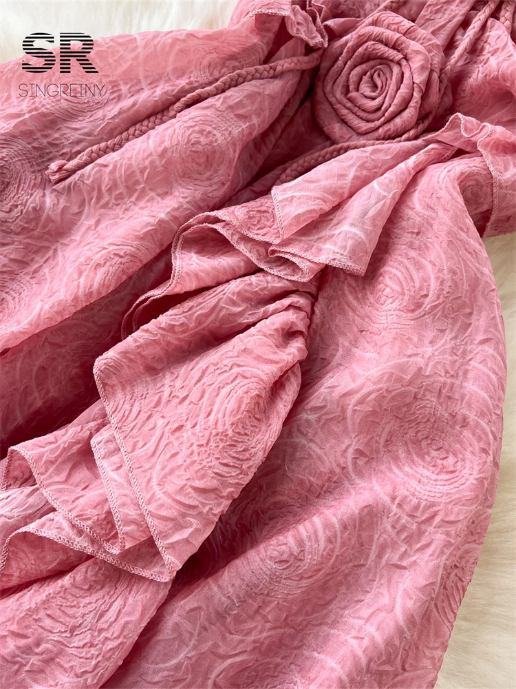 فستان صيفي غير منتظم بدون ظهر من SINGREINY فستان نسائي أنيق وردي أنيق بحزام زهرة نحيف للسيدات من قماش الجاكار على شكل حرف A #4