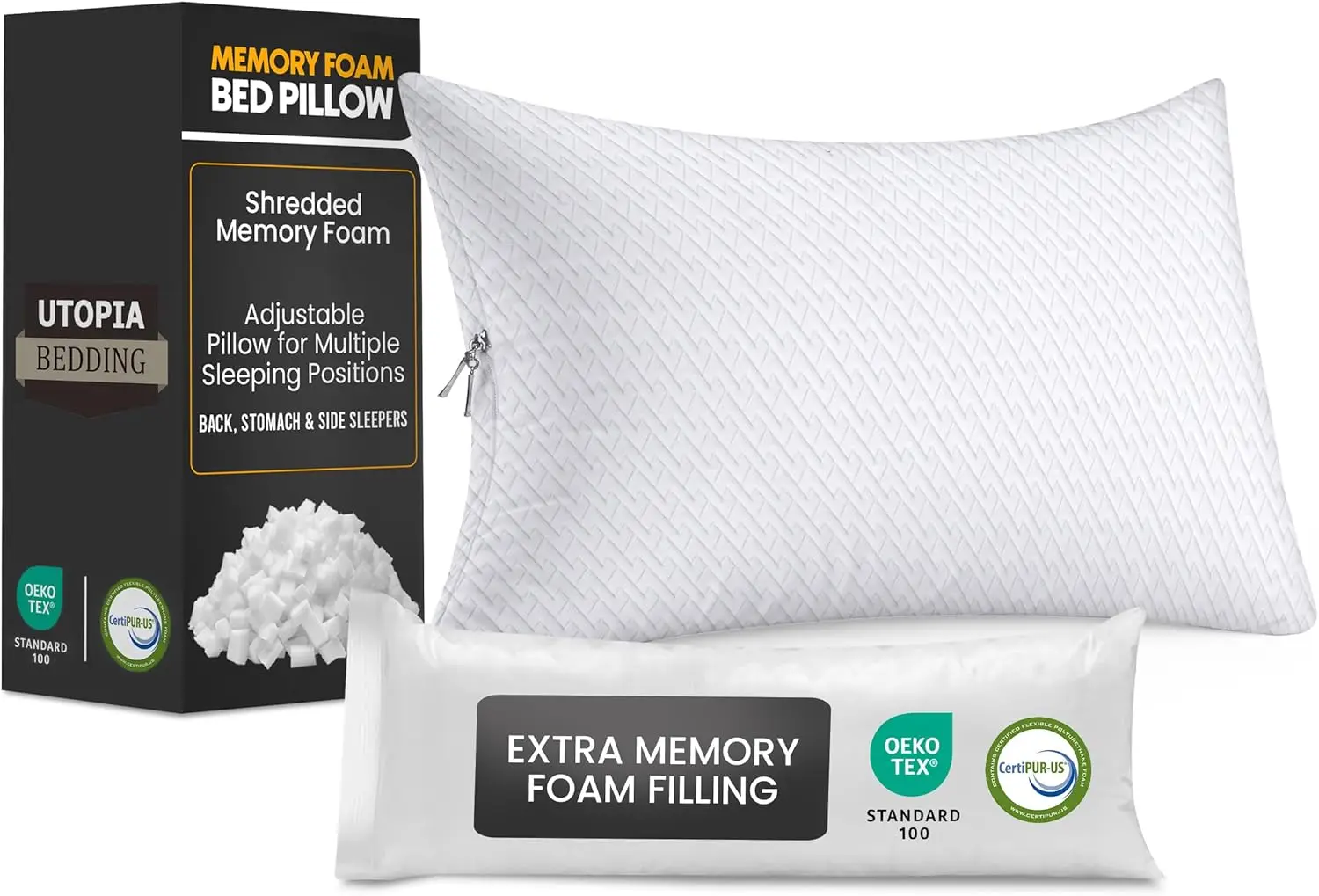 

Adjustable Shredded Memory Foam Pillow, Queen Size, Cooling & Supportive for Side/Back/Stomach Sleepers, with Washable Cover (1 Pack)