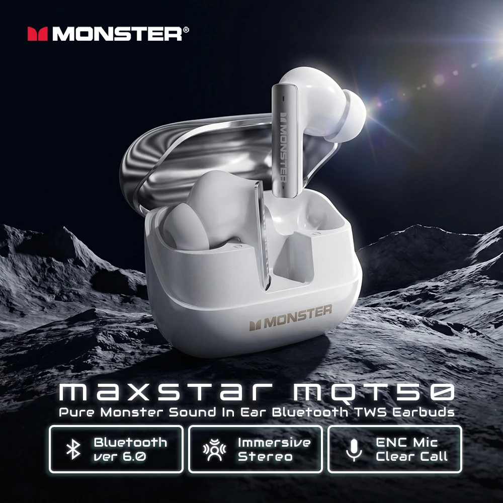 

Monster MQT50 Bluetooth 6.0 Earphones Hifi Sound TWS Wireless Earbud IPX4 Waterproof Sports Headphones for iPhone Samsung Xiaomi