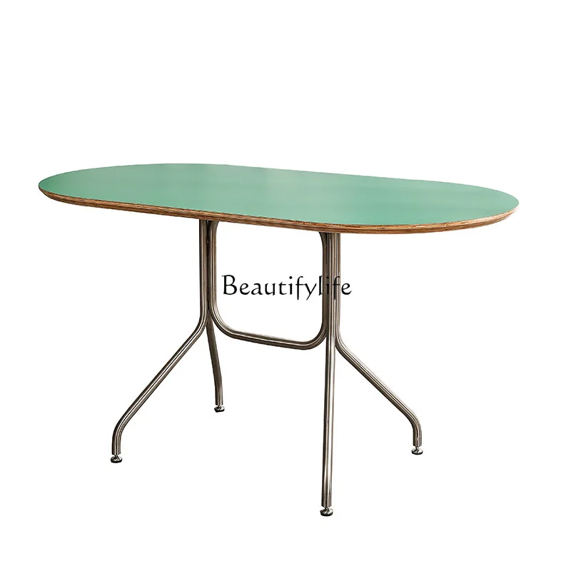 Solid wood oval family dining table living room small apartment furniture stainless steel Korean simple dining table