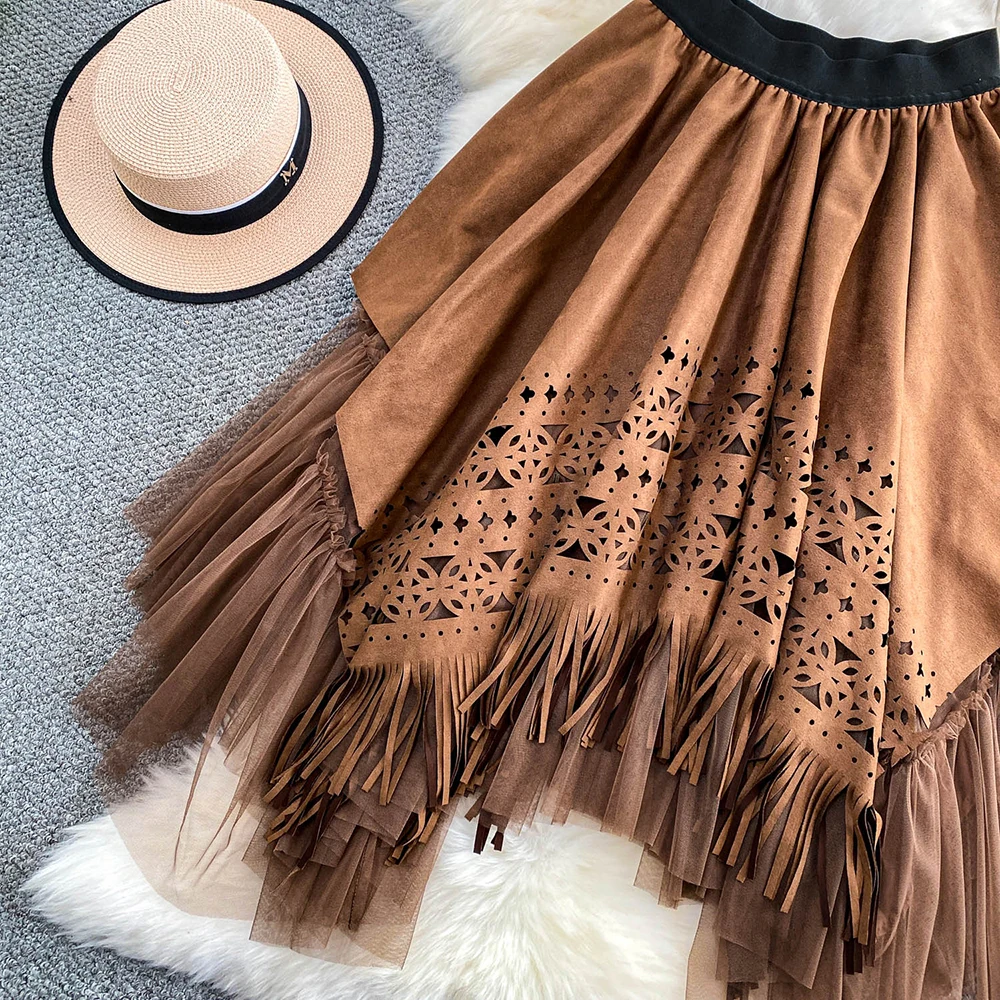 TWOTWINSTYLE Casual Vintage Slimming Skirts For Women High Waist Autumn Design Sense Hollow Out Skirt Female Fashion KSK555567