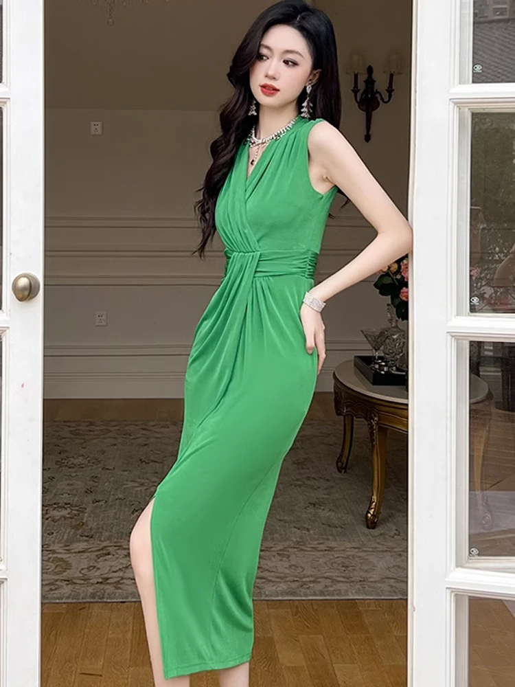 Elegant Casual Stretch Long Dress 2023 French Sexy Green Rose Red Black Pleated Slit Longuette Femme Party Robe Holiday Vestidos