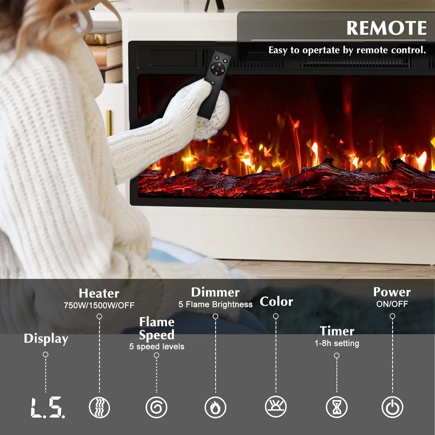 Stojak pod telewizor z kominkiem na telewizory do 80 cali, konsola multimedialna z oświetleniem LED i miejscem do przechowywania, nowoczesny biały drewniany stół RTV