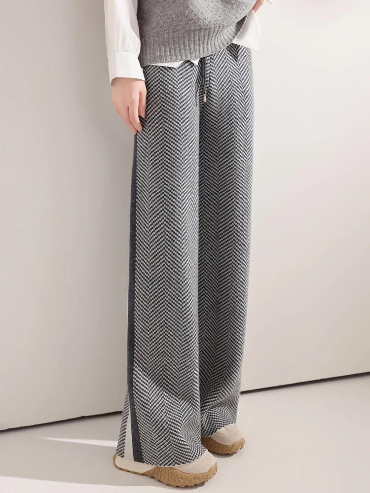 Women Wool Pants Herringbone Wide Leg Pants Autumn Winter Side Color Block Thick Elastic Waist Trousers 100% Merino Wool Knitted