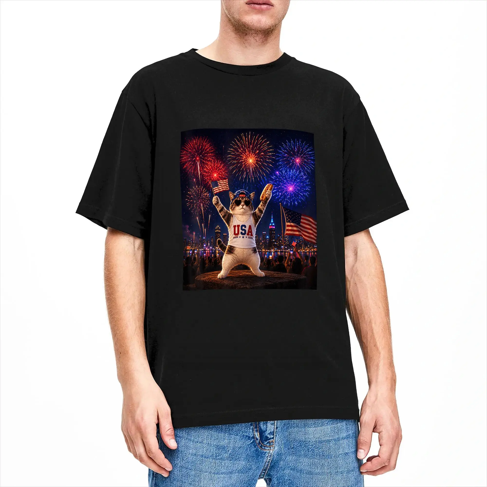 Retro Funny America Cat Hot Dog Lovers Patriotic US Flag T Shirt  Trending T Shirts Short Sleeve Street Style Tops Summer Tees