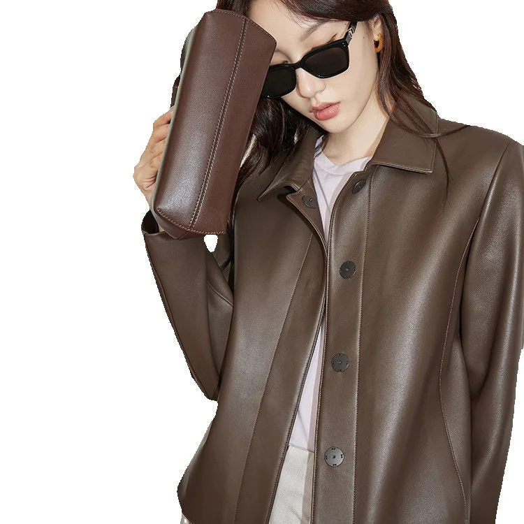 

High Cotton Sheepskin Leather Jacket For Women's New Hidden Button Spanish Sheepskin Jacket