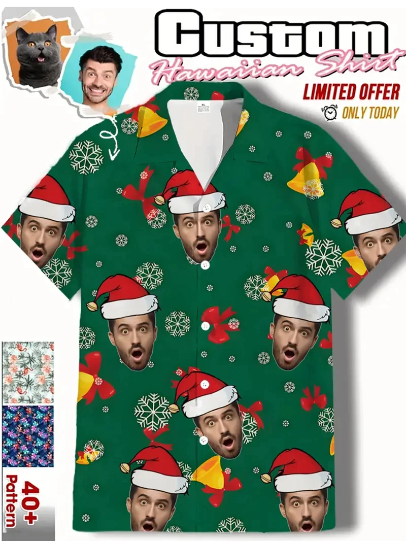 

Забавная унисекс Рождественская рубашка с 3D-фотопринтом на заказ и пуговицами Diy Рождественская рубашка с коротким рукавом Дизайнерские рубашки Одежда Праздничный рождественский подарок