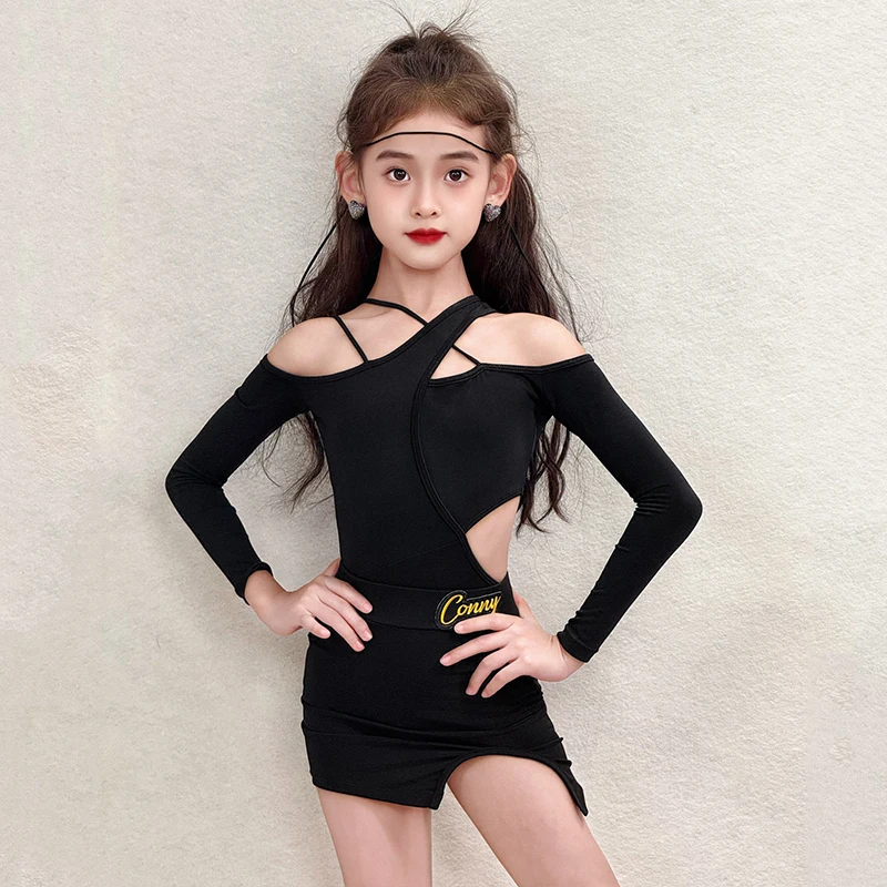 Nowe stroje do tańca latynoamerykańskiego dla dziewcząt, długi rękaw, strój treningowy, czarny kombinezon z wycięciami, spódnica do ćwiczeń, odzież do tańca latynoamerykańskiego 2362