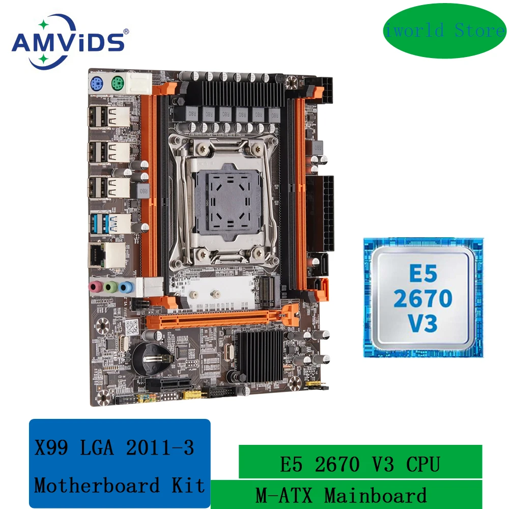 

X99 LGA 2011-3 X99 Motherboard Kit with Intel Xeon E5 2670 V3 CPU DDR4 ECC REG Memory Combo Set SATA3.0 USB3.0 M-ATX Mainboard