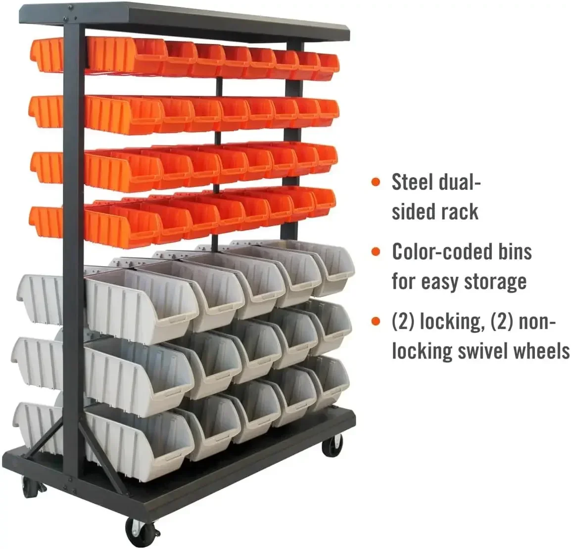 Dual-Sided Mobile Black Rolling Bin Rack 19.75 x 35.50 x 48.50 inches COLOR-CODED BINS MOBILE ORGANIZATION AND STORAGE