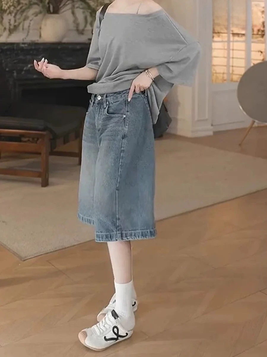 

Джинсы с высокой талией и широкими штанинами, синие, женские, летние, больших размеров, прямого кроя, утягивающие, длиной до колена