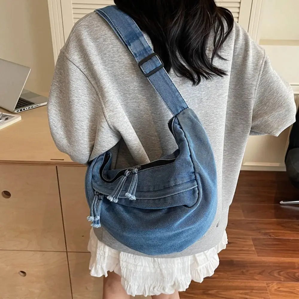 

Fashion American Style Canvas Dumpling Bag Retro Adjustable Strap Denim Crossbody Bag Zipper Harajuku Handbag Women