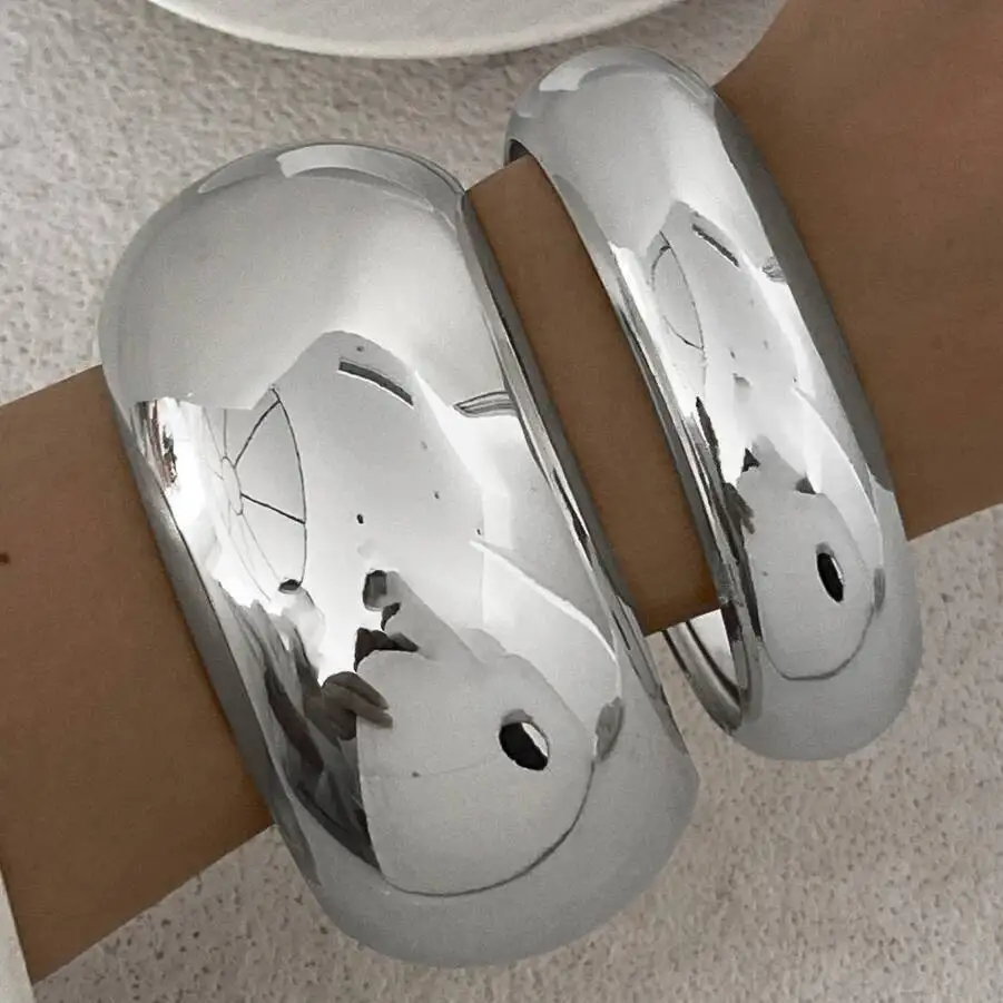 KunJoe 2 قطعة/المجموعة لامعة معدنية مستديرة كبيرة الإسورة سوار للنساء مبالغ فيها الهندسة تكويم واسعة سوار حفلة اليد مجوهرات #3