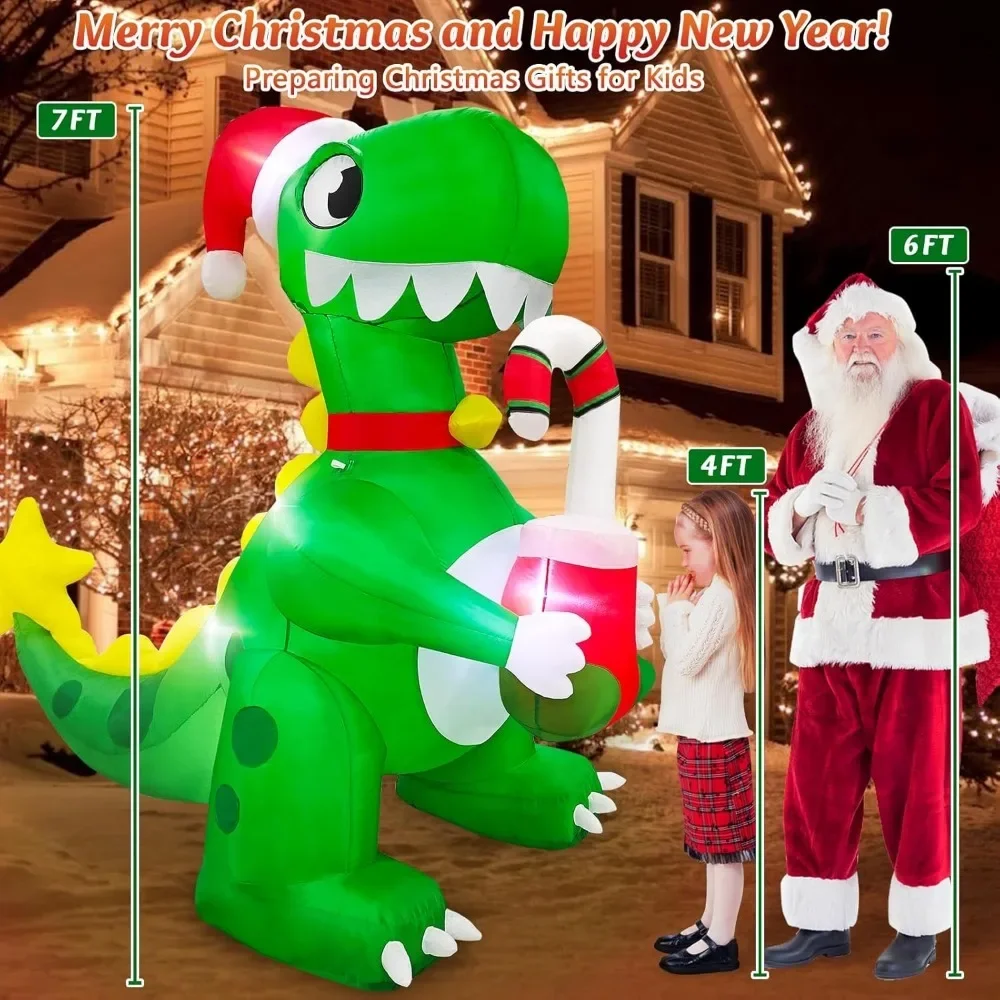 Christmas Inflatables Dinosaur with Candy Cane Xmas Stocking Decor Build in LEDs & Tethers Stakes Christmas Blow Up Yard Decor