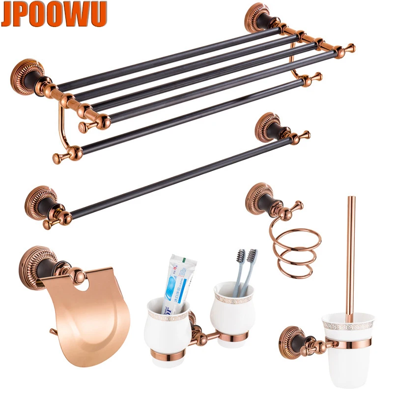 Rose Gold Towel Hanger Shelf Bathroom Wall Mount WC Toilet Paper Basket Makeup Rack Dual Layer Brush Ring Holder Soap Dish Sets