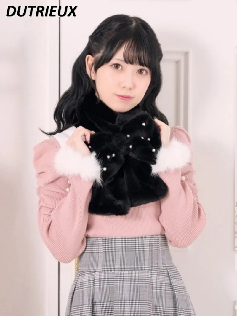 Bow Sweet Solid Color Scarf Japanese Plush Imitation Rabbit Fur Winter New Cute Girl Warm Long Bead Scarf Accessories