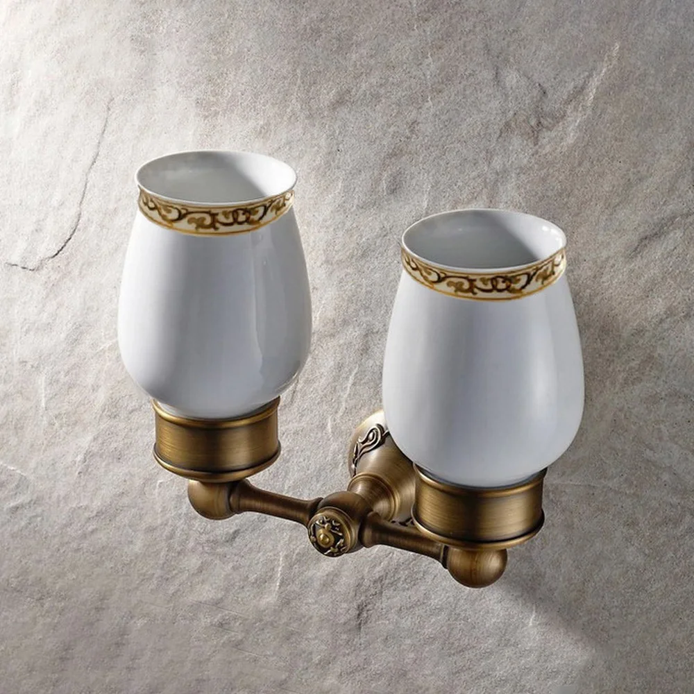 Wall Mounted Vintage Retro Antique Brass Bathroom Toothbrush Holder Set Bathroom Accessory Dual Ceramic Cup mba432