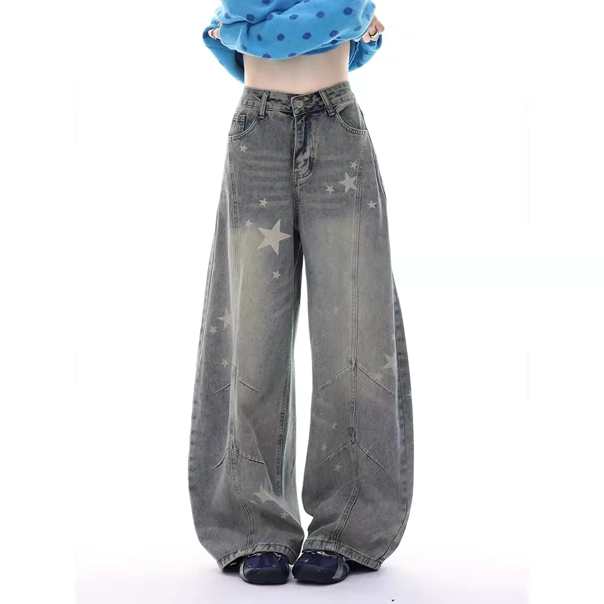 Loose Wide Leg Jeans Women's Spring Summer New Style Comfortable Vintage Blue Floor-Length Pants Knife  Draping Denim