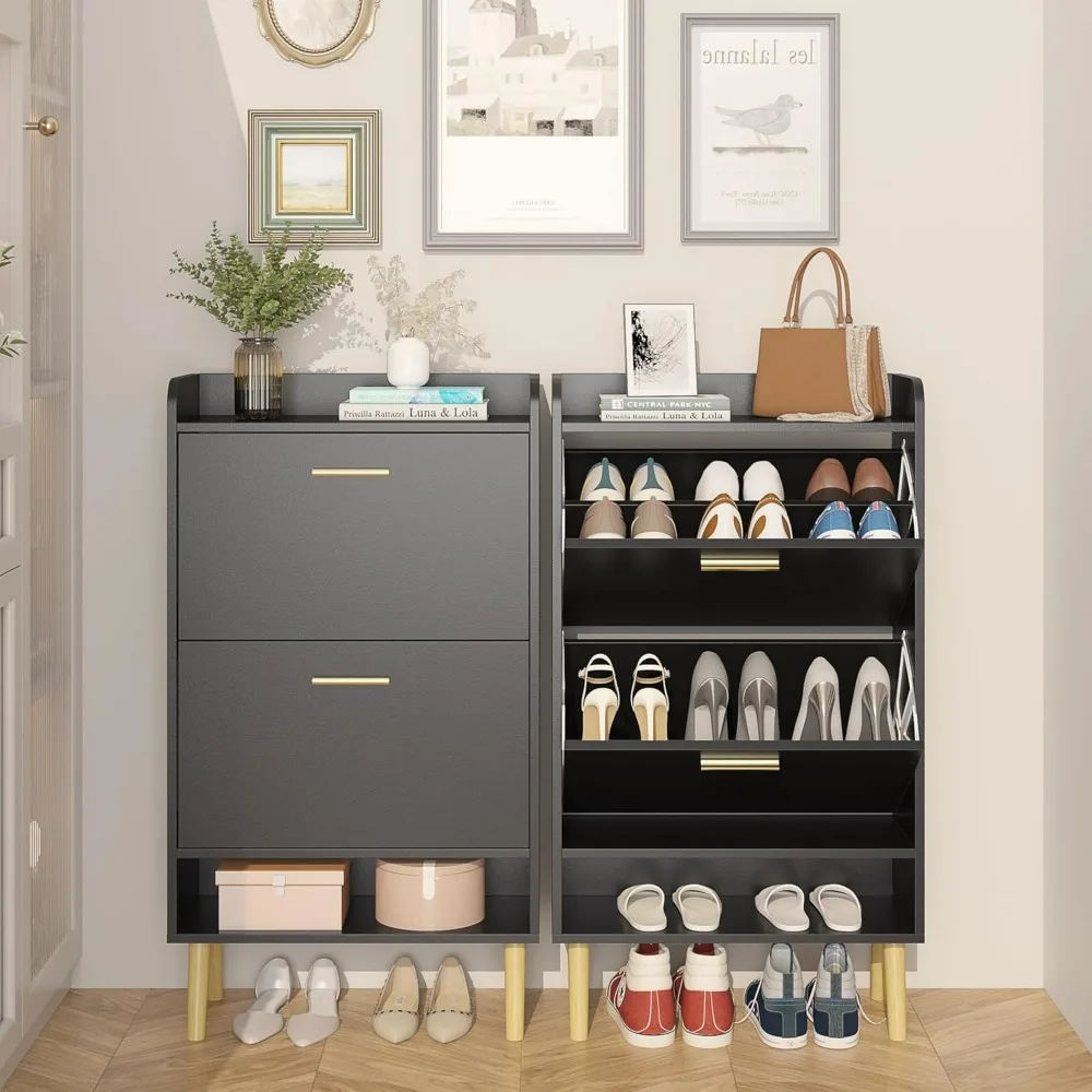 Modern ultra-thin hidden shoe cabinet with doors, shoe rack cabinet with 2 flip drawers, storage rack, and top compartment